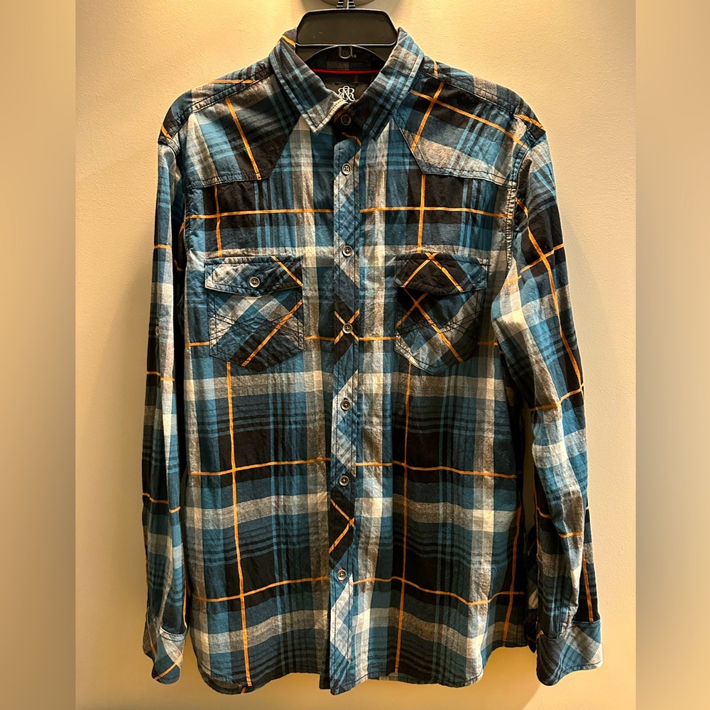 Rock & Republic Plaid collared button down long sleeve 2 pocket shirt size Large
